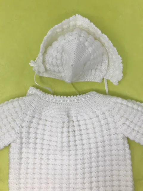 0-3 M White Arcylic Knit Cardigan and Bonnet Set