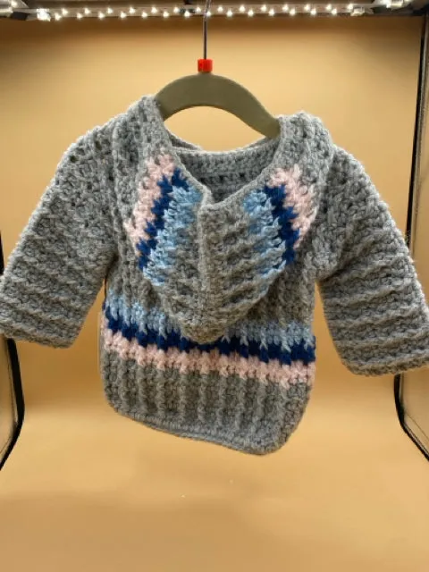 12-18 M Light Grey Stripe Hooded Acrylic Crochet Cardigan