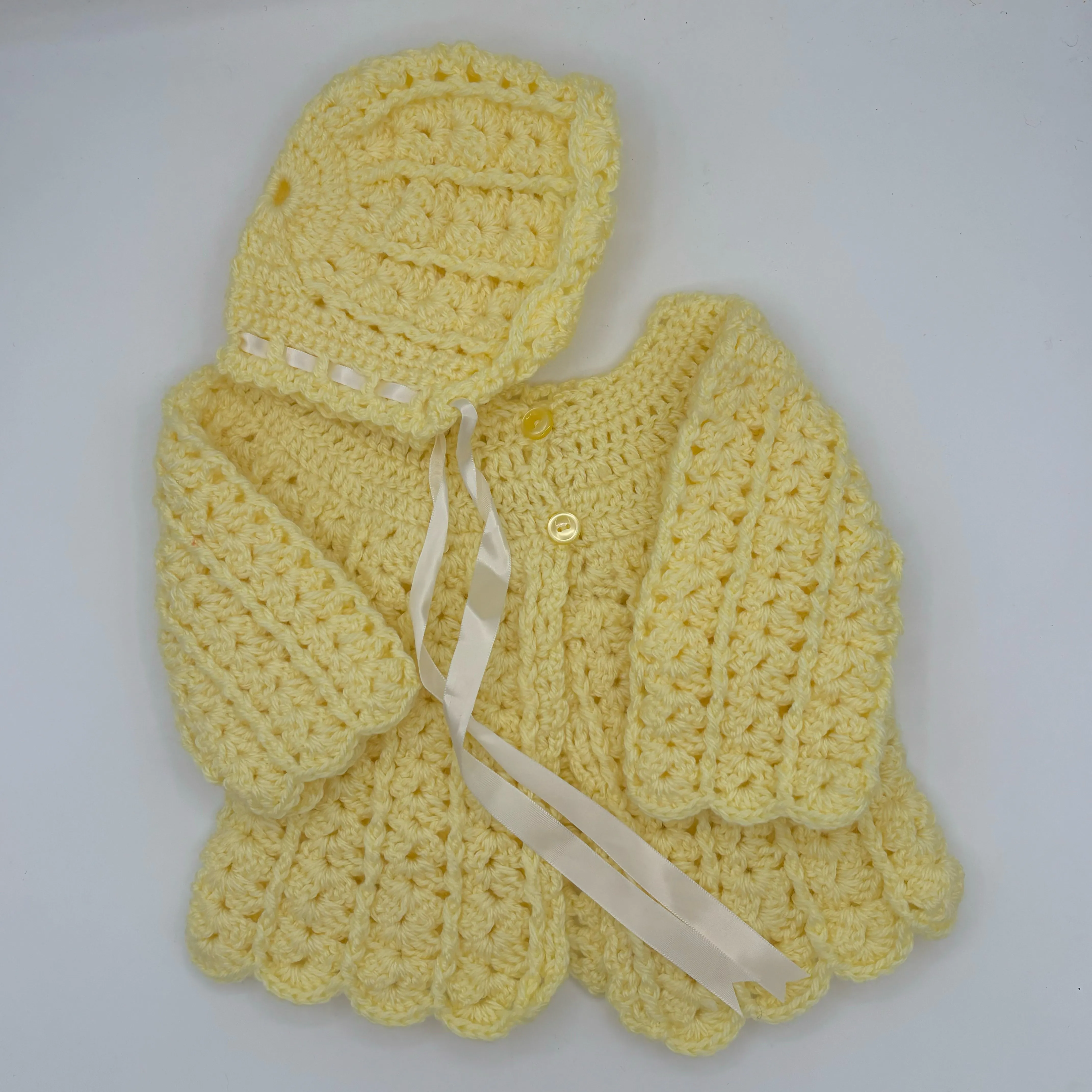 12-18 M Yellow Acrylic Crochet Cardigan with Bonnet