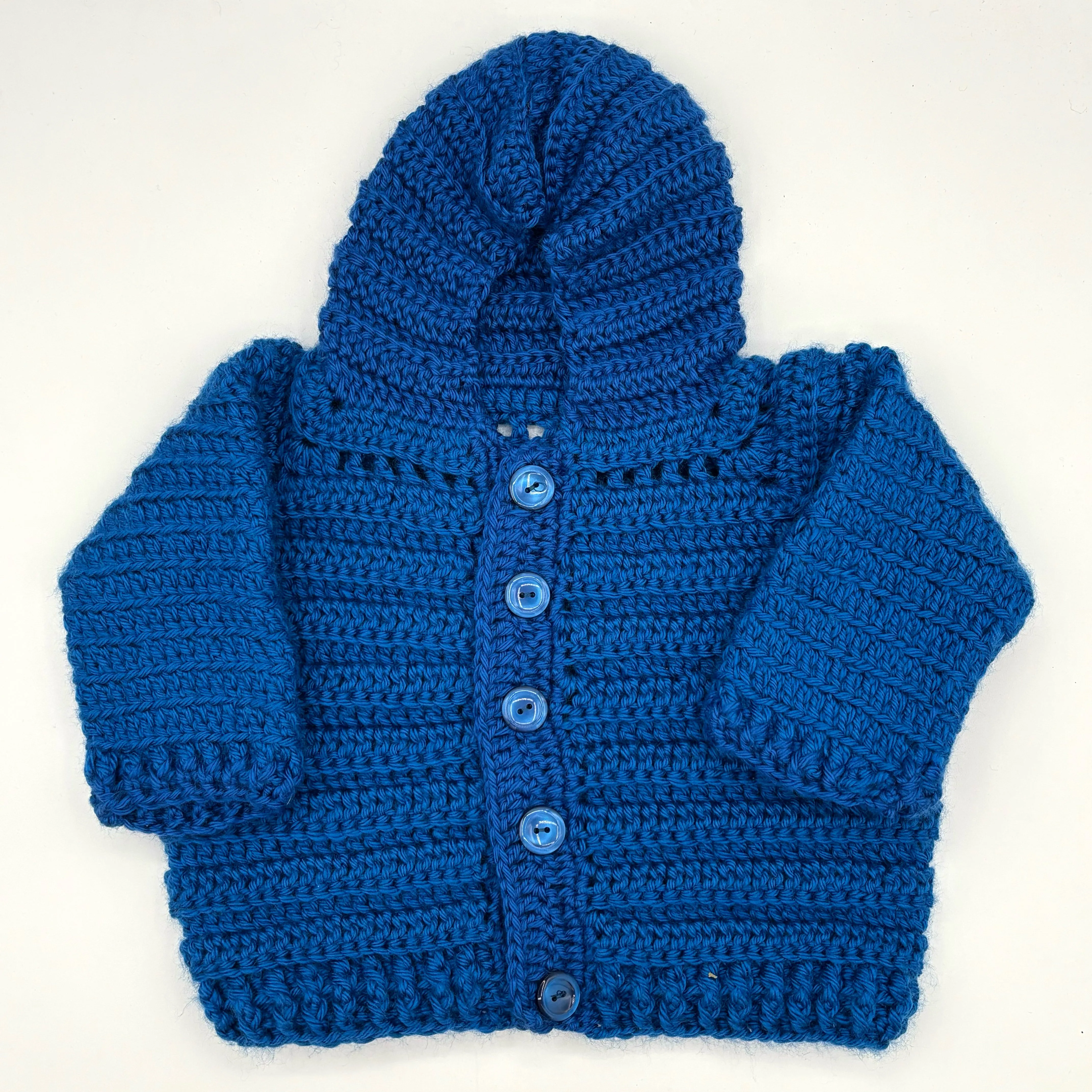 12 M Royal Blue Acrylic Crochet Cardigan with Hood