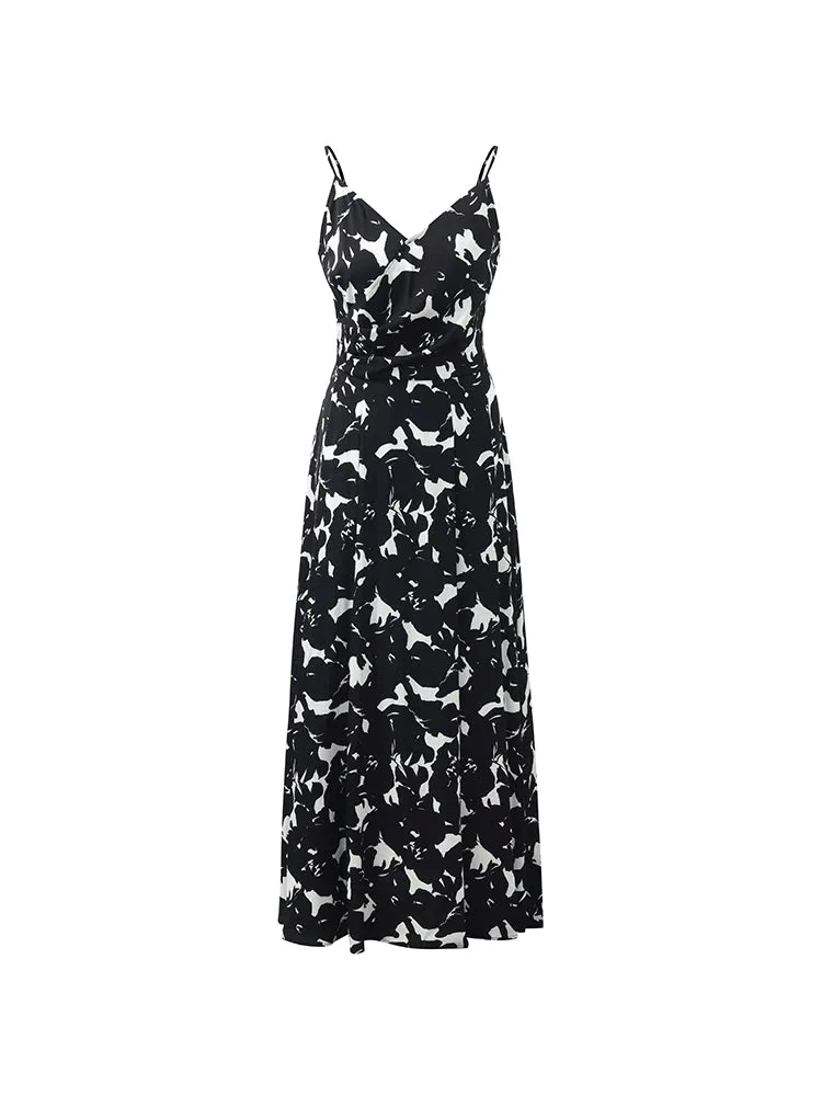 19 Momme Mulberry Silk Iris Printed Women Maxi Spaghetti Strap Dress With Scrunchie