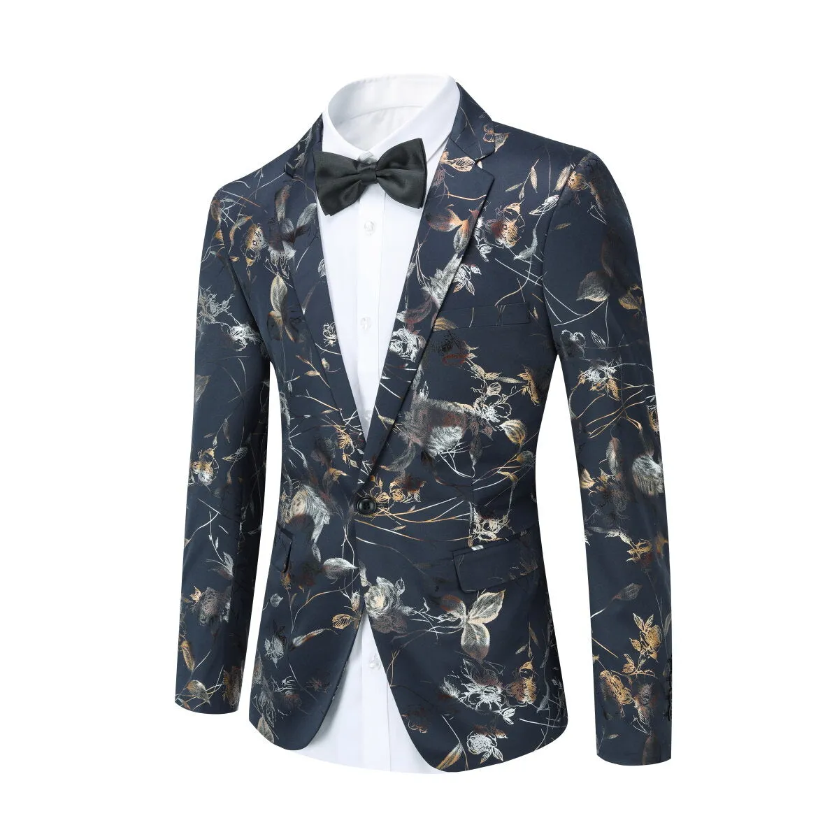 2-Piece Men's Single-Breasted Split Hem Printed Suit Blue