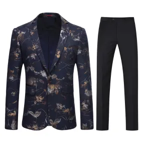 2-Piece Men's Single-Breasted Split Hem Printed Suit Blue