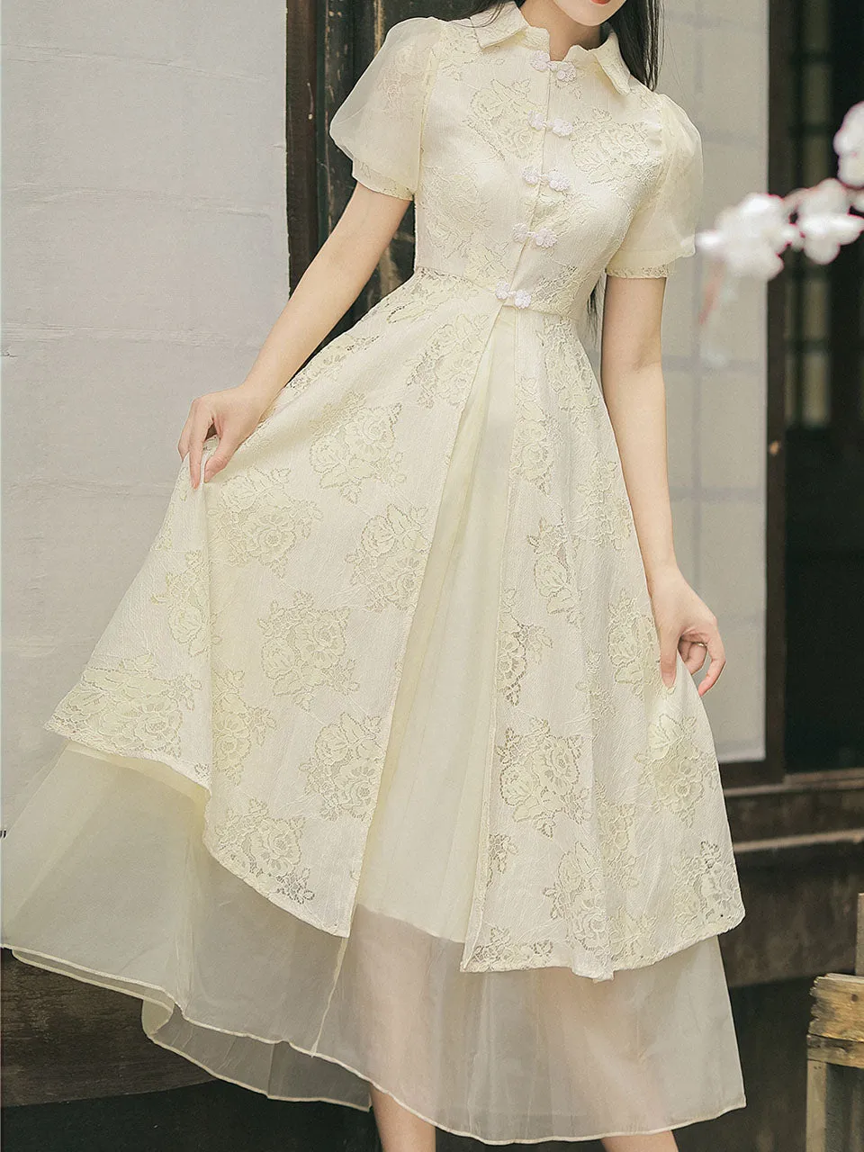 2PS Apricot Eton Collar Lace Swing Dress With Swing Skirt