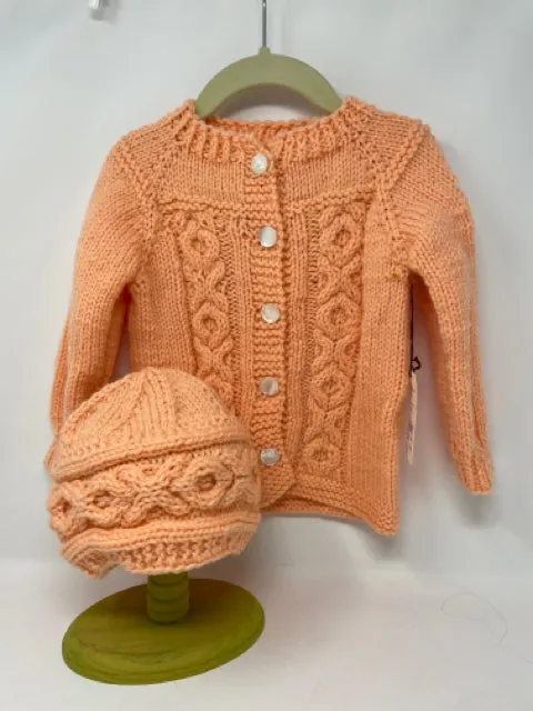 3-4 Y Peach Acrylic Cable Knit Cardigan and Hat