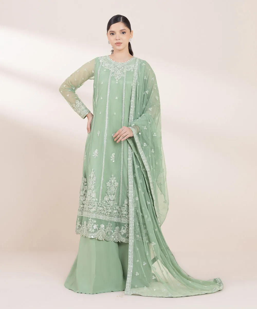 3 Piece - Embroidered Net Suit