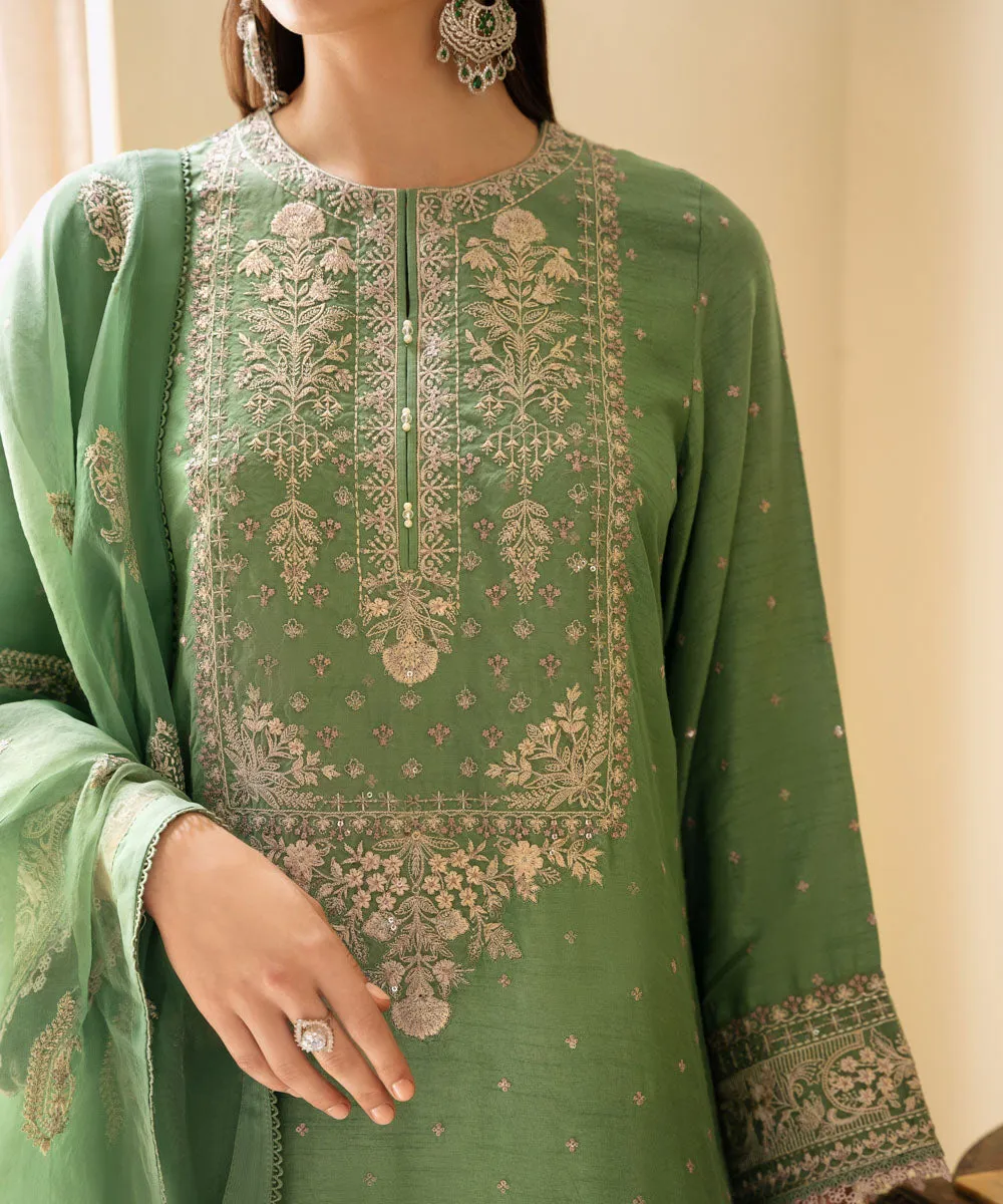 3 Piece - Embroidered Raw Silk Suit