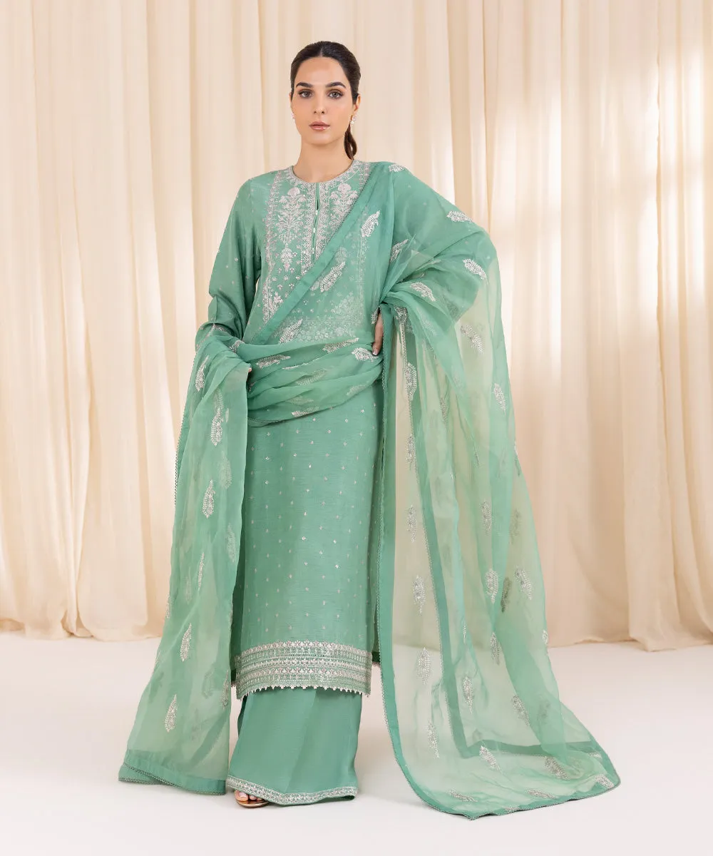 3 Piece - Embroidered Raw Silk Suit