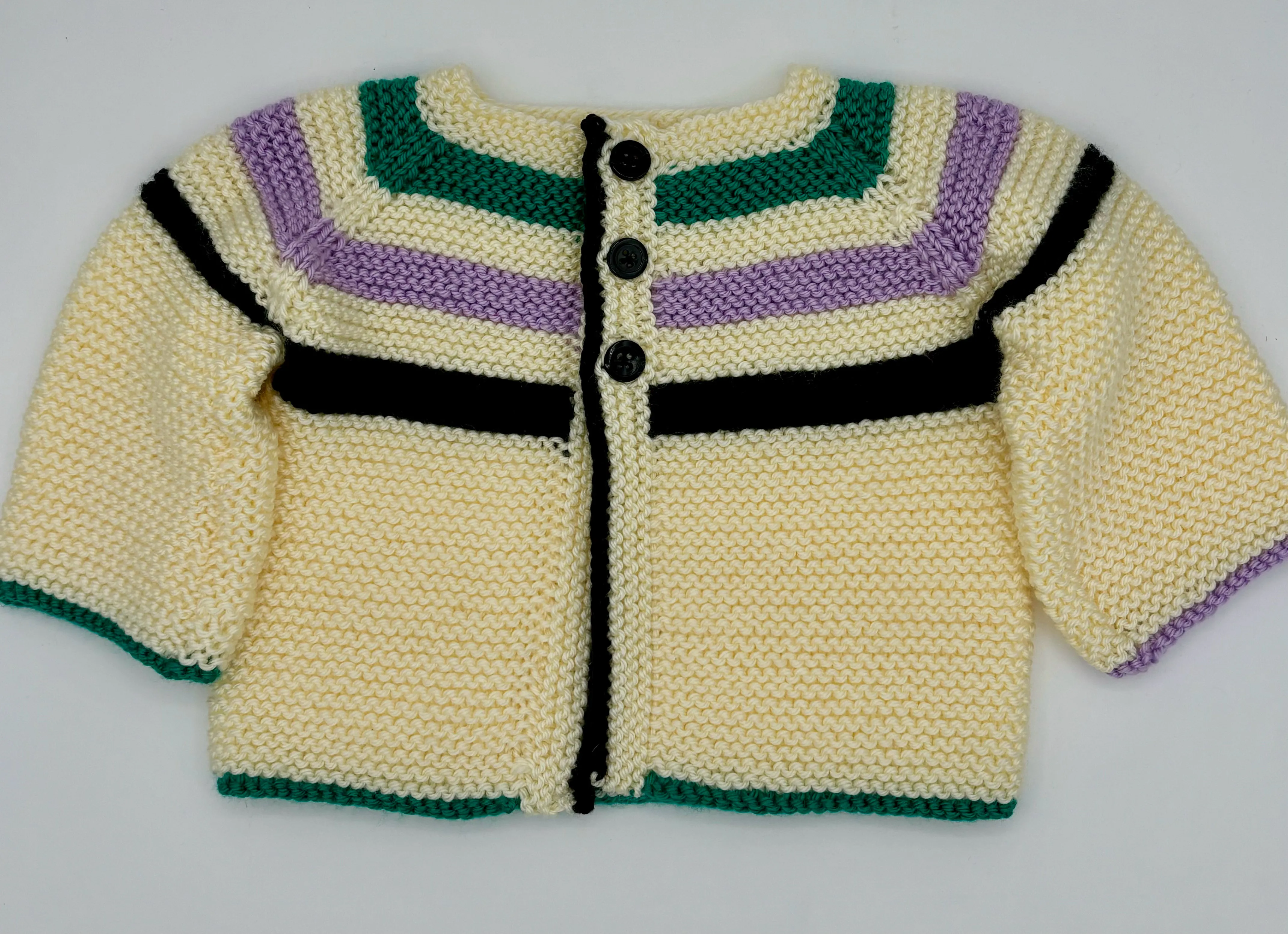 6-12 M Cream, Emerald, Lilac and Black Acrylic Cardigan