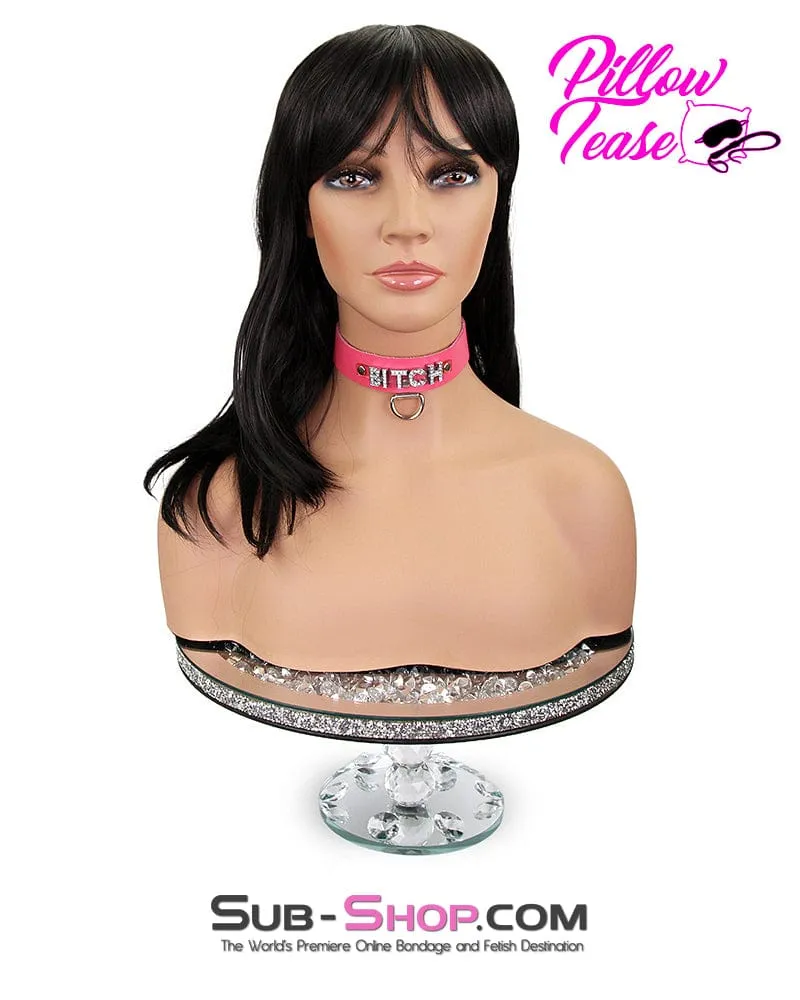 7173A      BITCH Hot Pink Leather Rhinestone Letter Collar