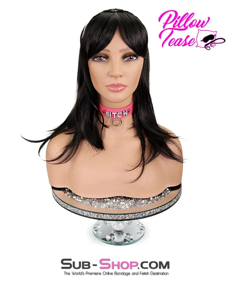 7173A      BITCH Hot Pink Leather Rhinestone Letter Collar