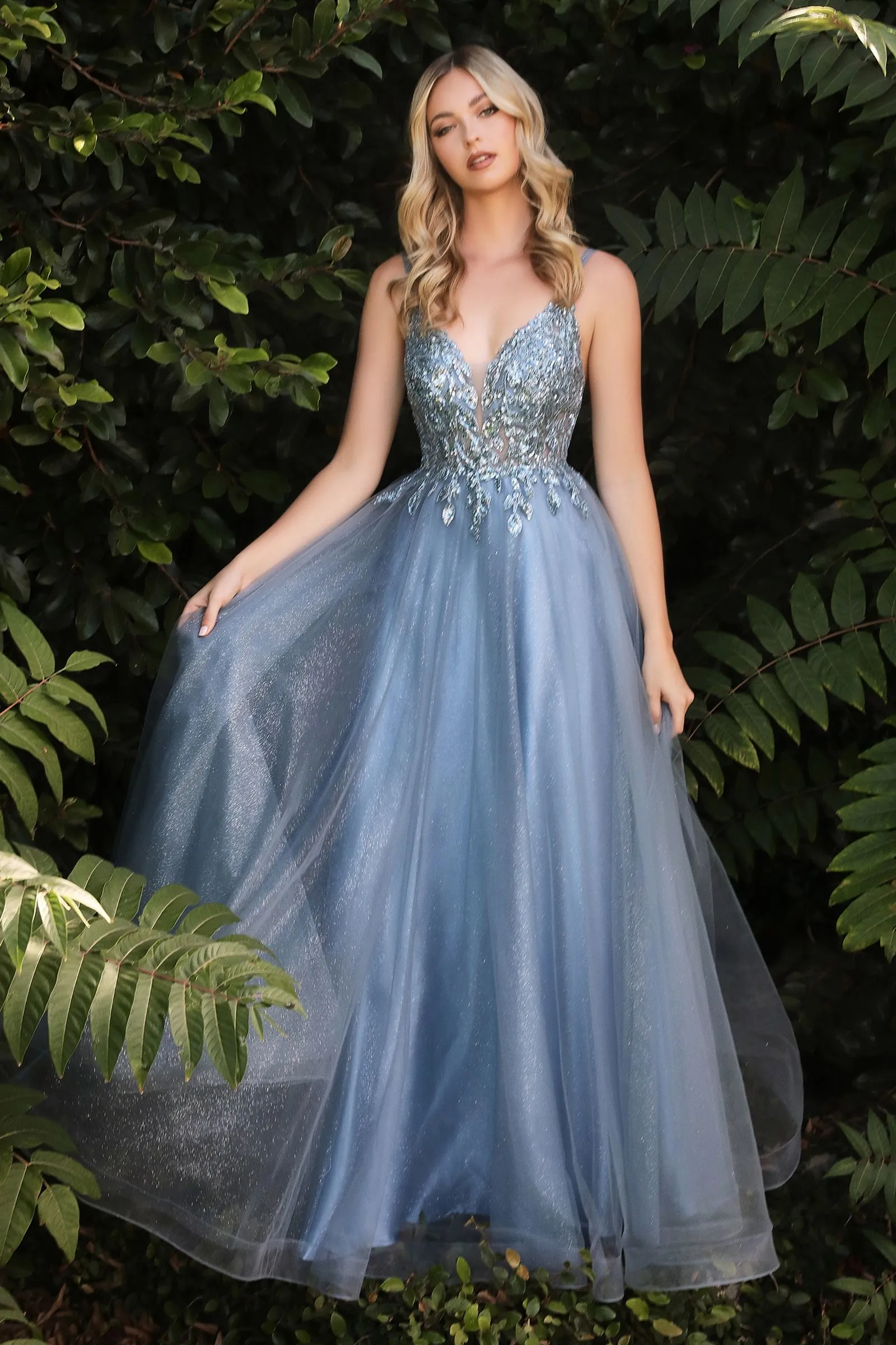 A-Line Layered Tulle Open Back Illusion V-Neck Long Prom Dress