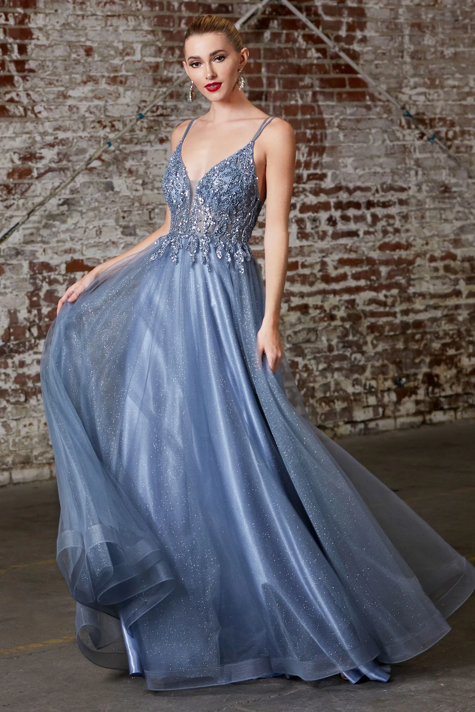 A-Line Layered Tulle Open Back Illusion V-Neck Long Prom Dress