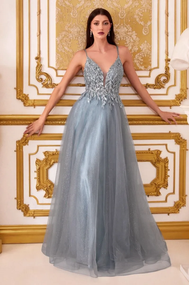 A-Line Layered Tulle Open Back Illusion V-Neck Long Prom Dress