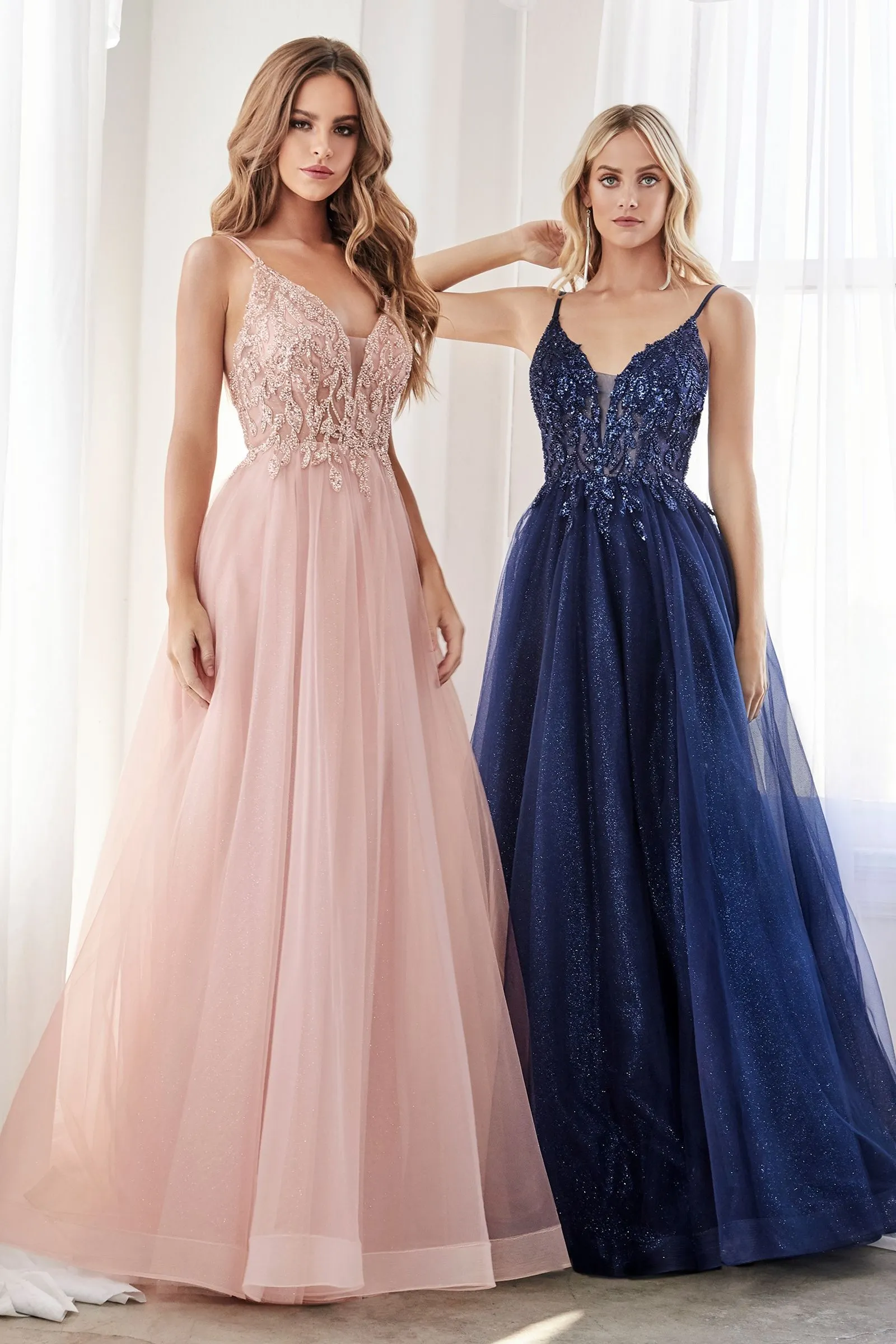 A-Line Layered Tulle Open Back Illusion V-Neck Long Prom Dress