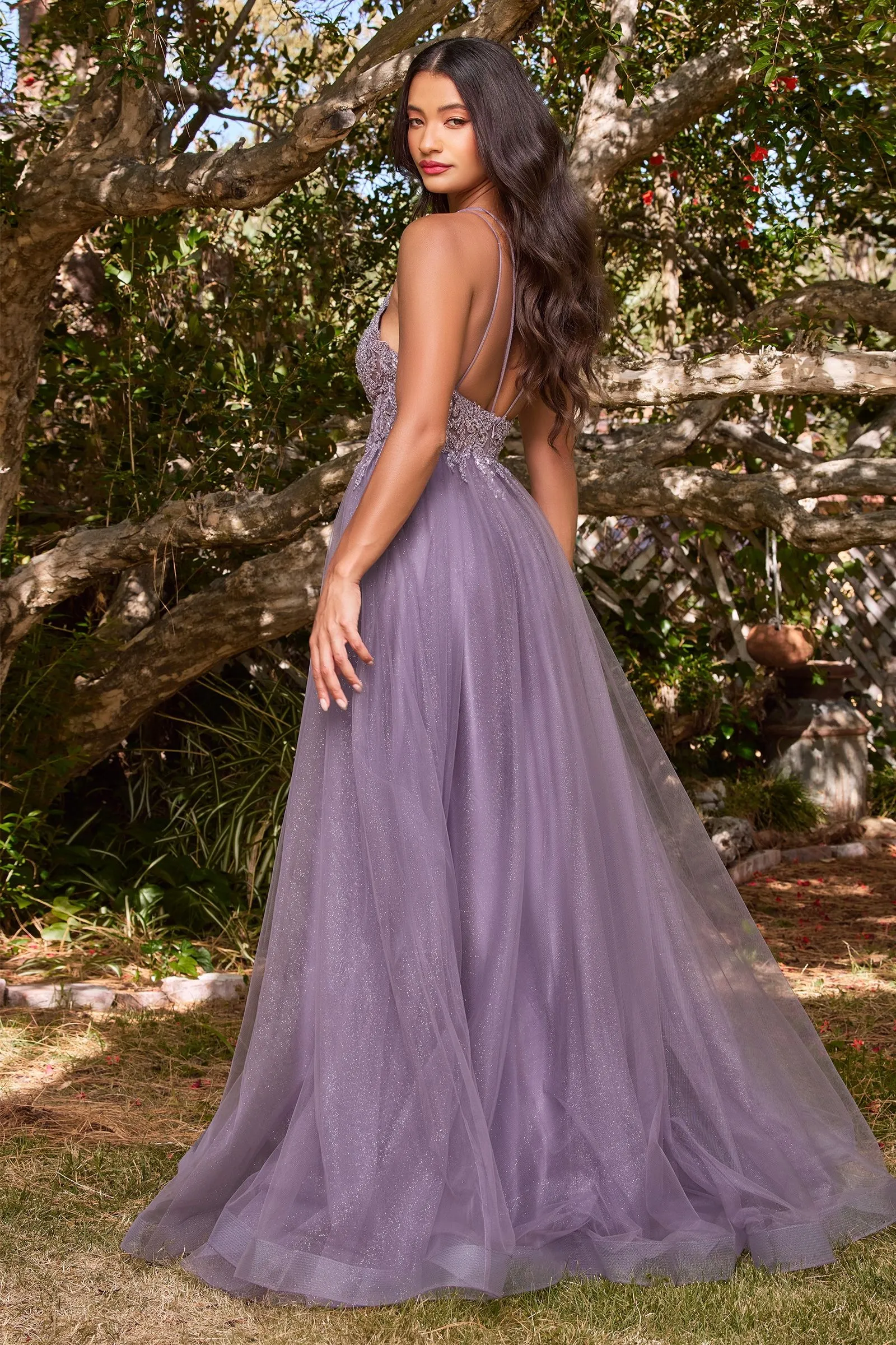 A-Line Layered Tulle Open Back Illusion V-Neck Long Prom Dress