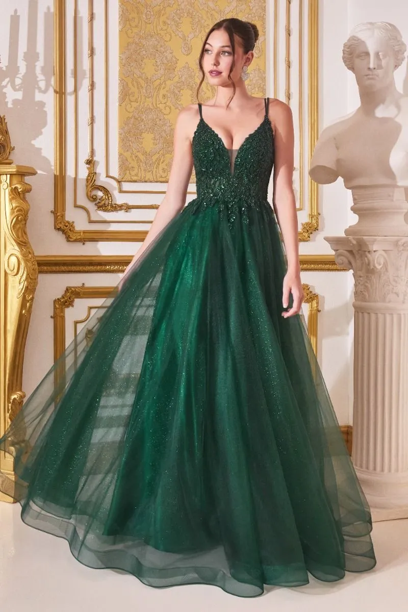 A-Line Layered Tulle Open Back Illusion V-Neck Long Prom Dress