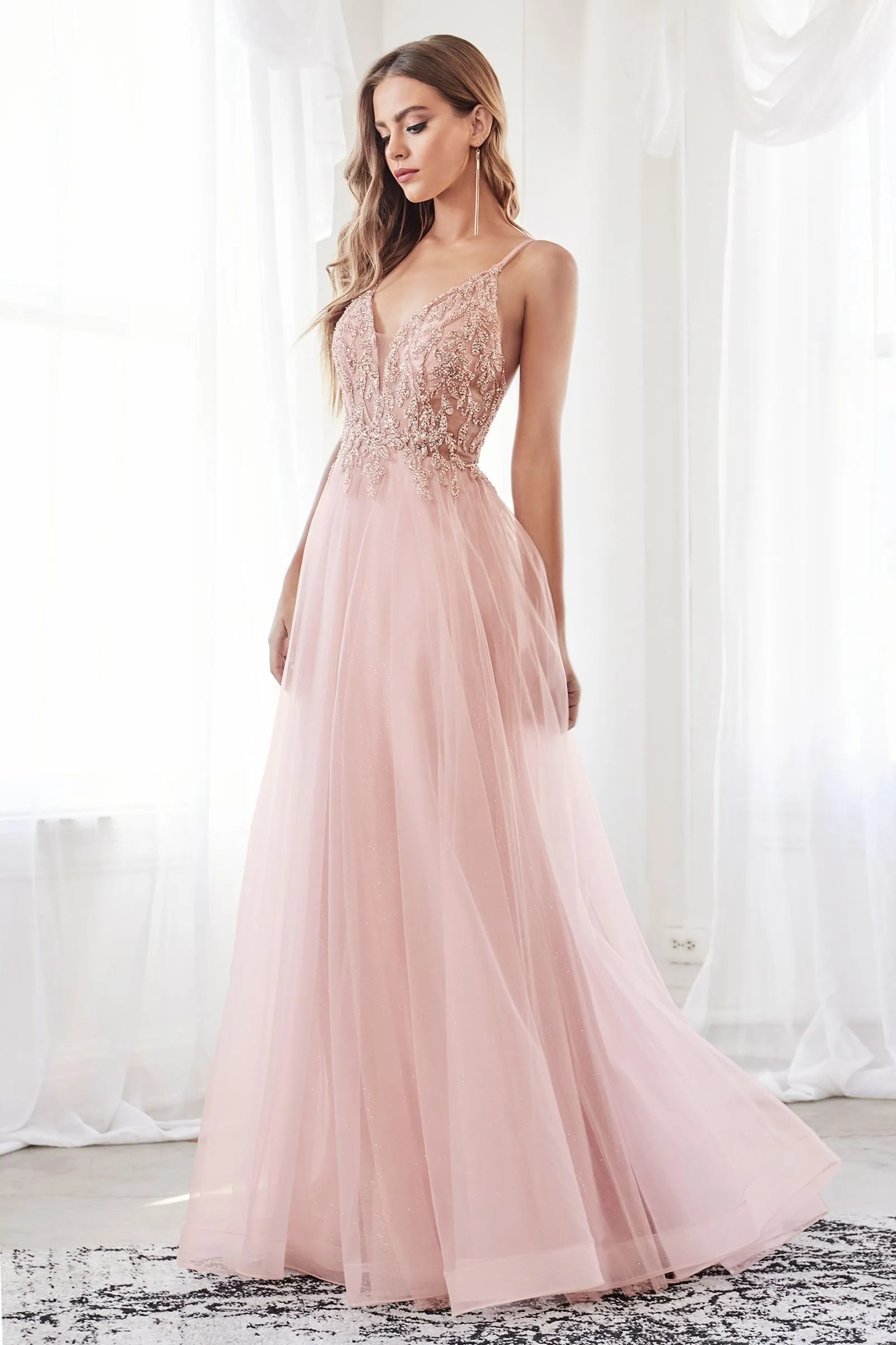 A-Line Layered Tulle Open Back Illusion V-Neck Long Prom Dress