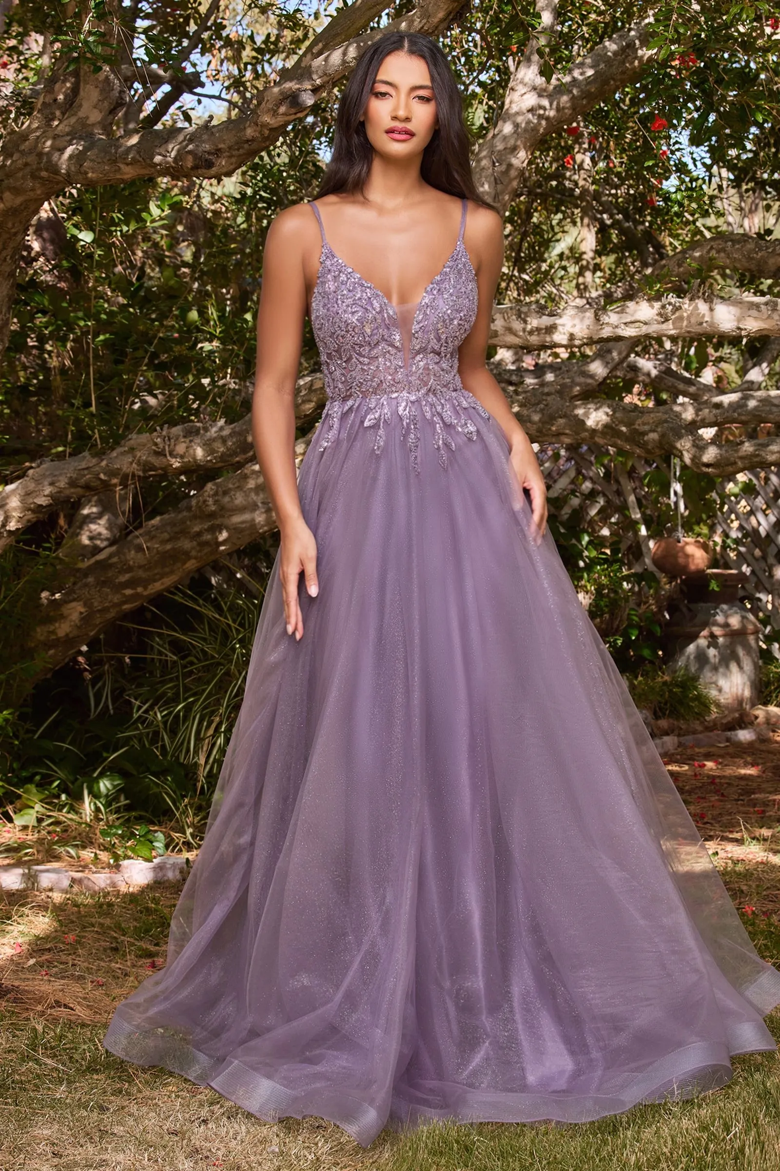 A-Line Layered Tulle Open Back Illusion V-Neck Long Prom Dress