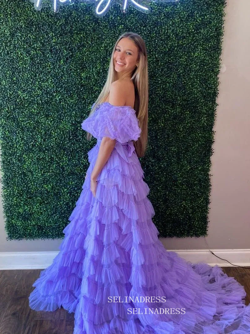 A-Line Off the Shoulder Lilac Ruffle Tulle Long Prom Dresses sew1060