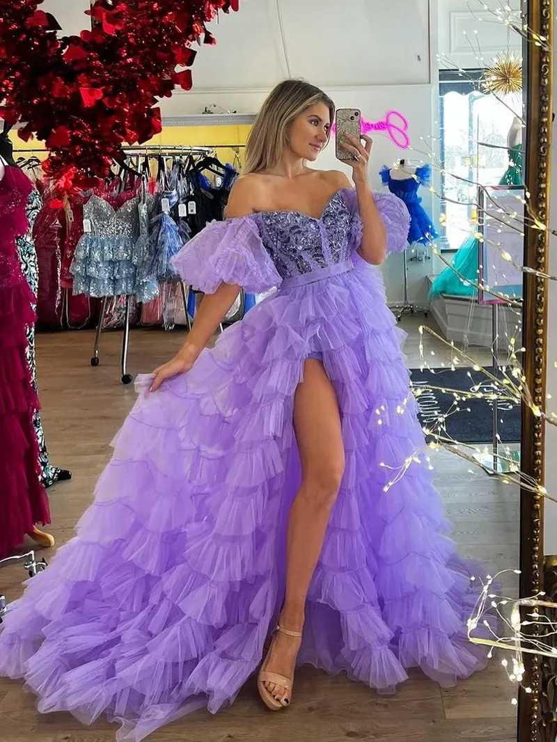 A-Line Off the Shoulder Lilac Ruffle Tulle Long Prom Dresses sew1060