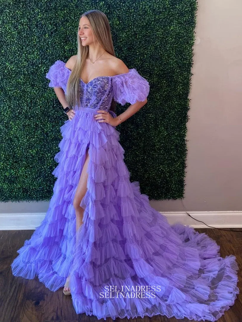 A-Line Off the Shoulder Lilac Ruffle Tulle Long Prom Dresses sew1060