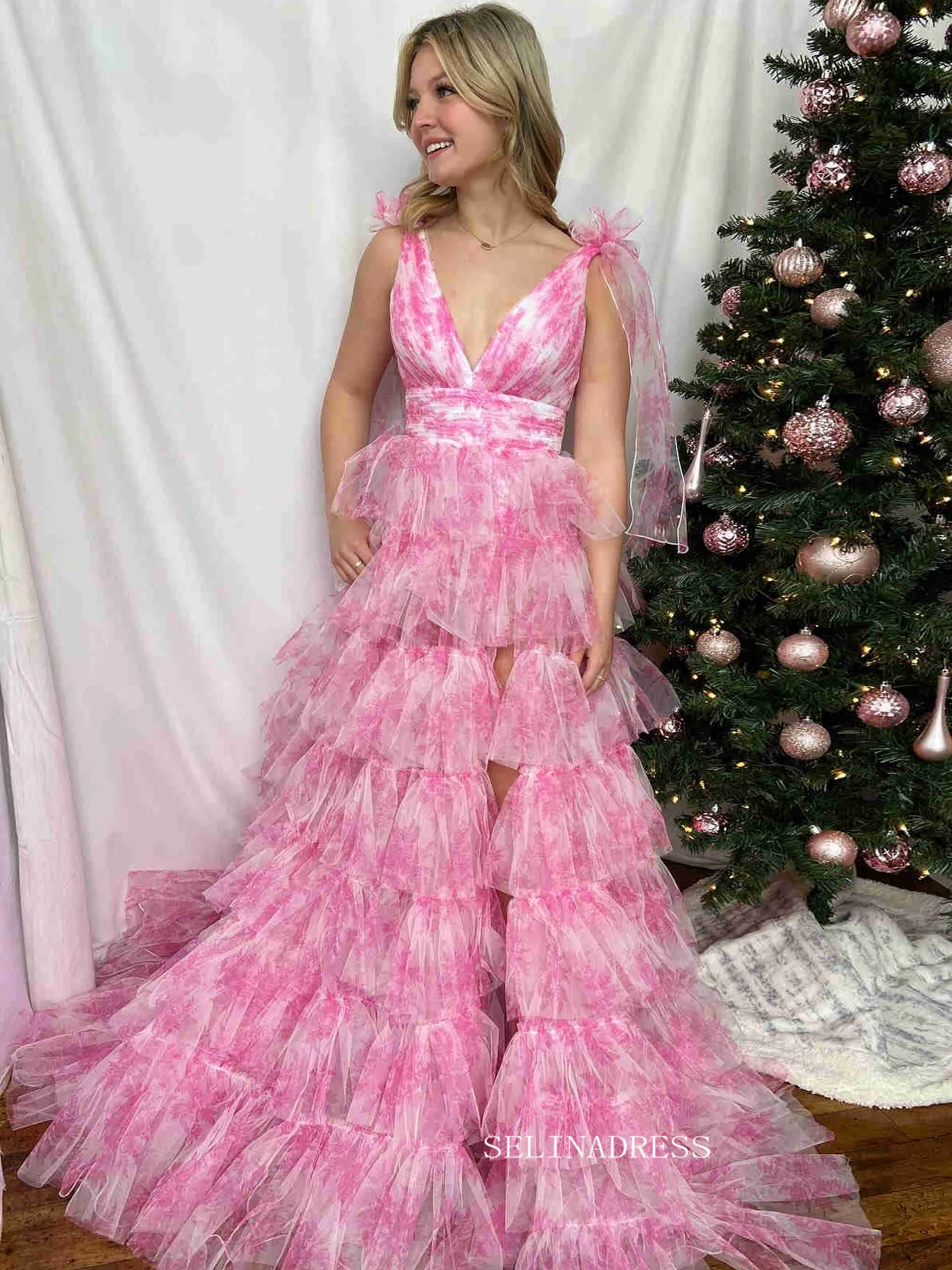 A-line Pink Floral Bow Tie Straps Layers Long Prom Dress with Slit lps026