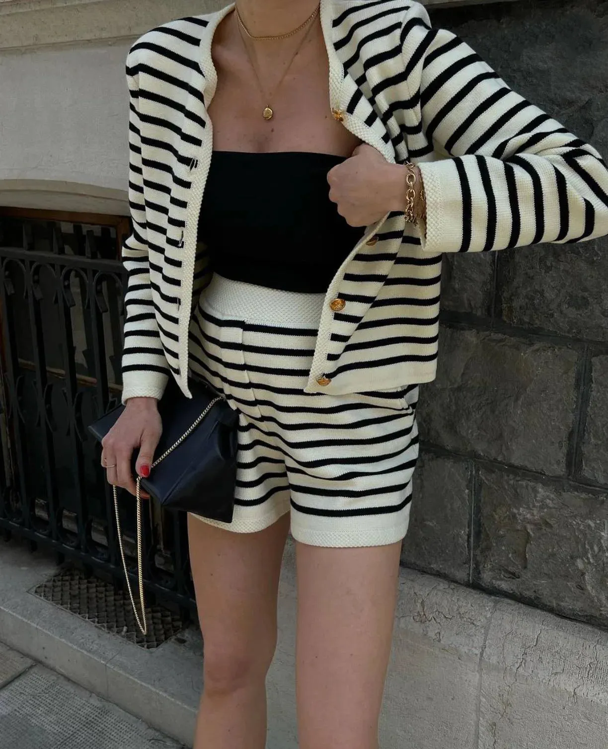 A&A Striped Knit Cardigan & Shorts Two Piece Set