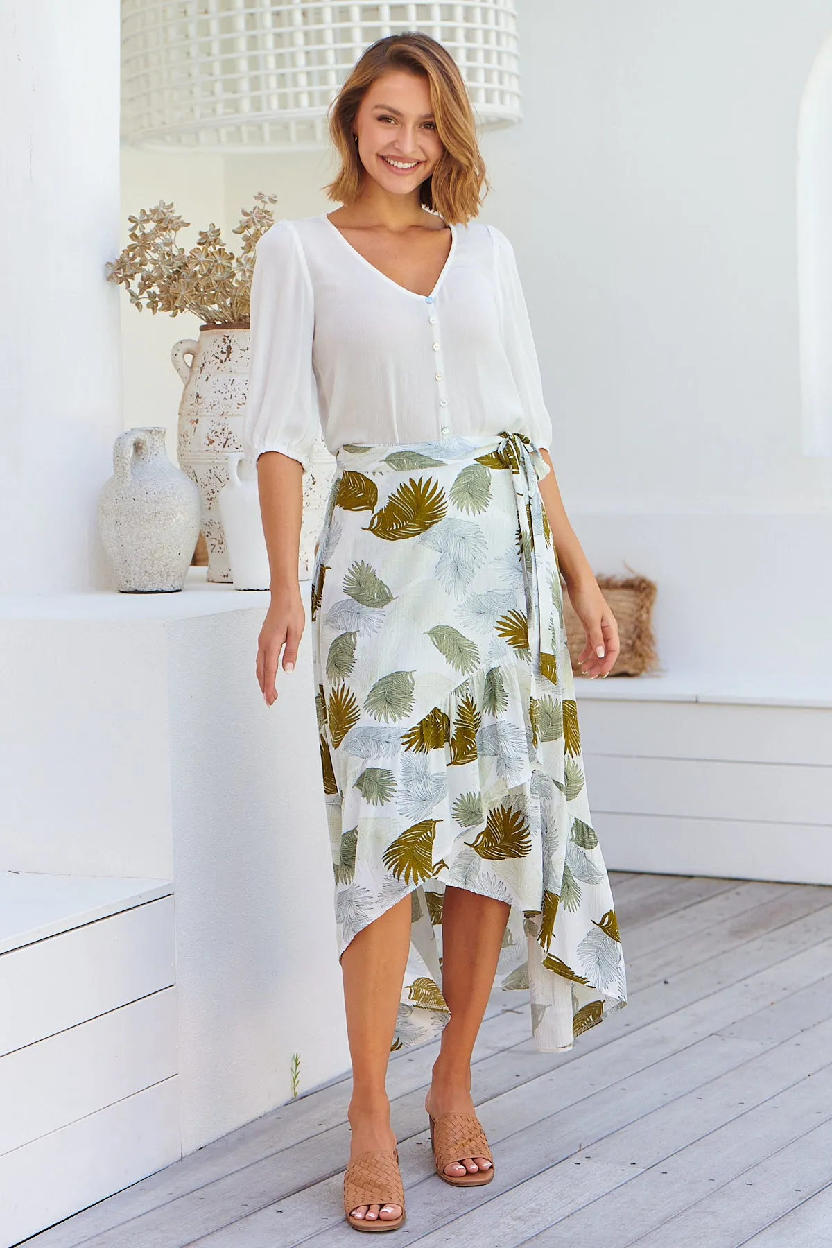 Acacia White/Green Leaf Print Wrap Maxi Skirt