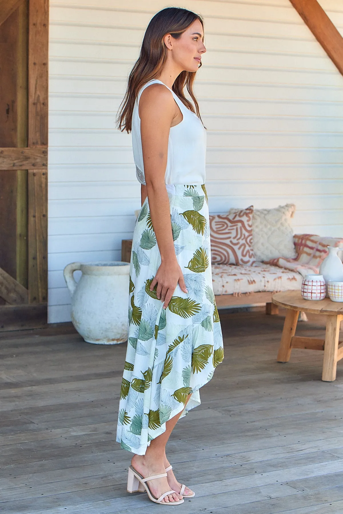 Acacia White/Green Leaf Print Wrap Maxi Skirt