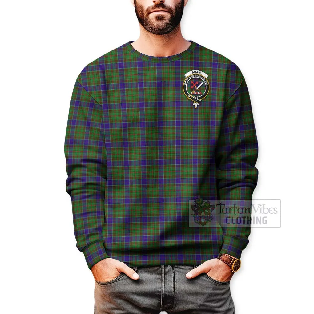 Adam Tartan Sweatshirt with Family Crest and Bearded Skull Holding Bottles of Whiskey