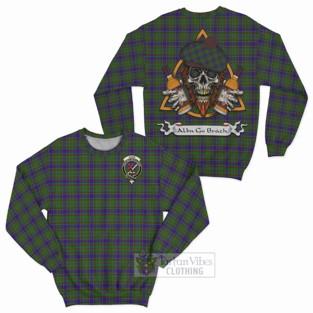 Adam Tartan Sweatshirt with Family Crest and Bearded Skull Holding Bottles of Whiskey