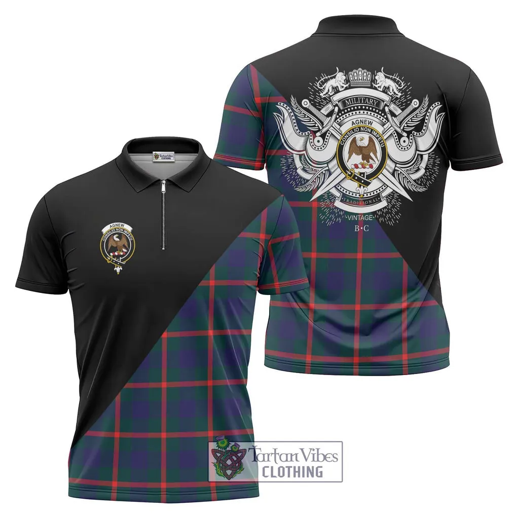 Agnew Tartan Zipper Polo Shirt with Family Crest and Military Logo Style