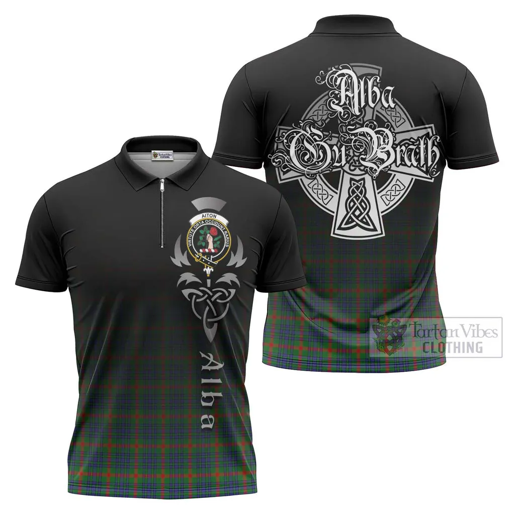 Aiton Tartan Zipper Polo Shirt Featuring Alba Gu Brath Family Crest Celtic Inspired