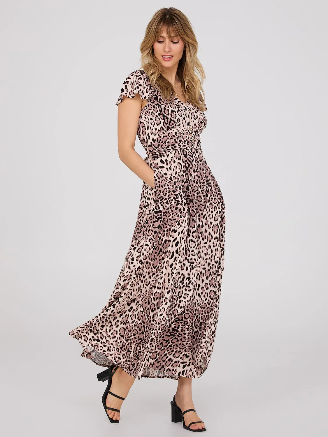 Animal Print Flutter Sleeve Maxi Dress