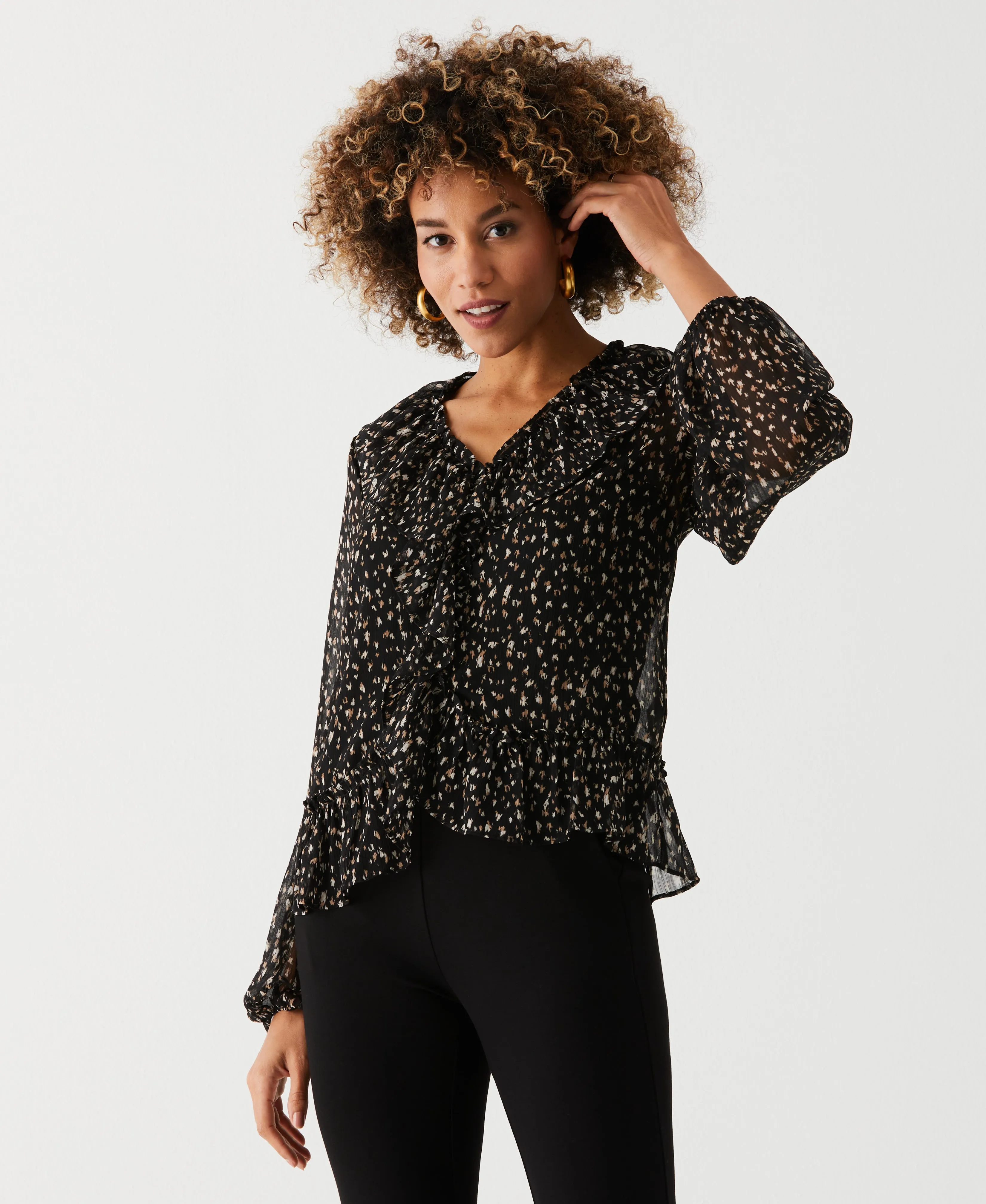 Animal Print V-Neck Ruffle Blouse