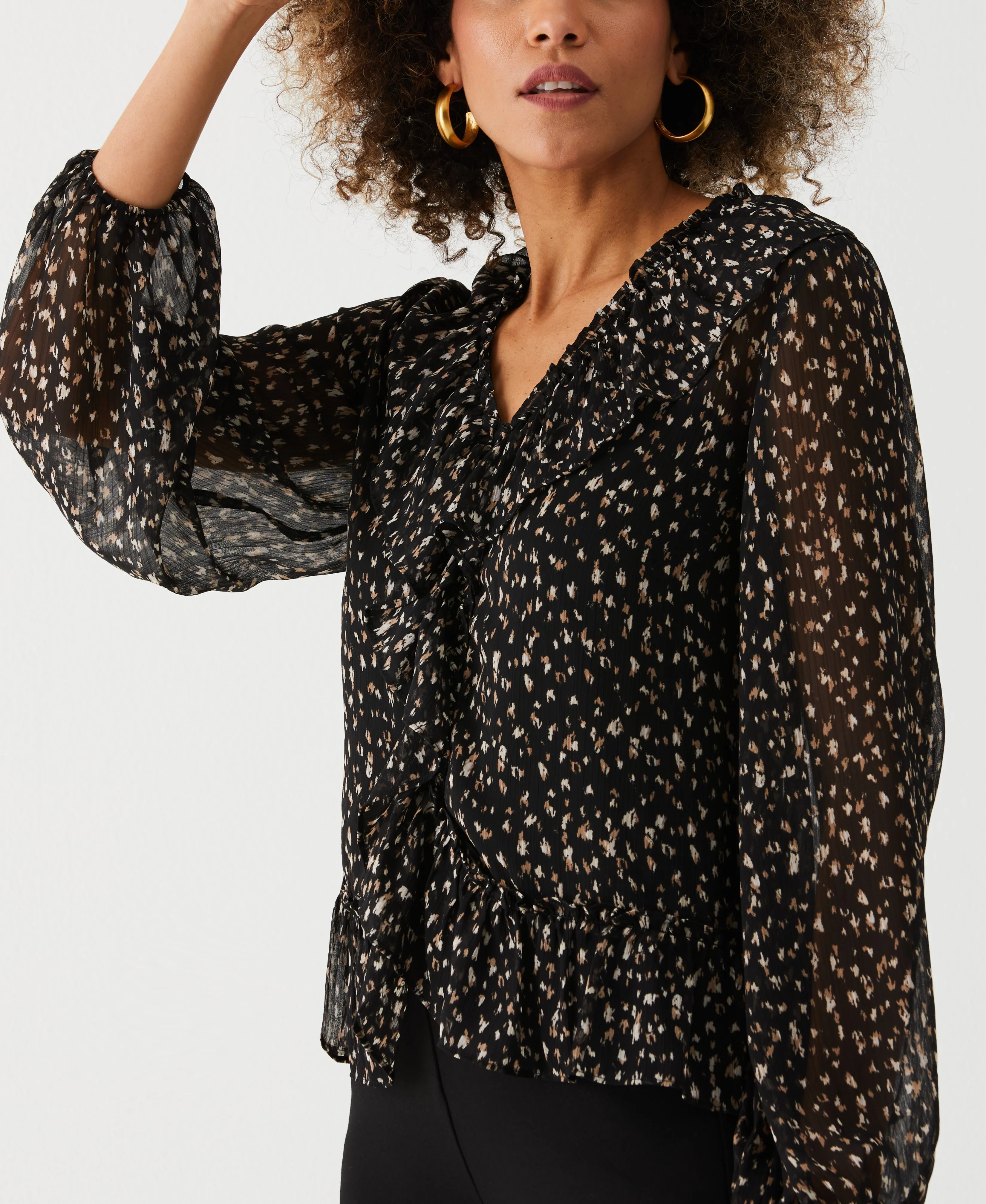 Animal Print V-Neck Ruffle Blouse