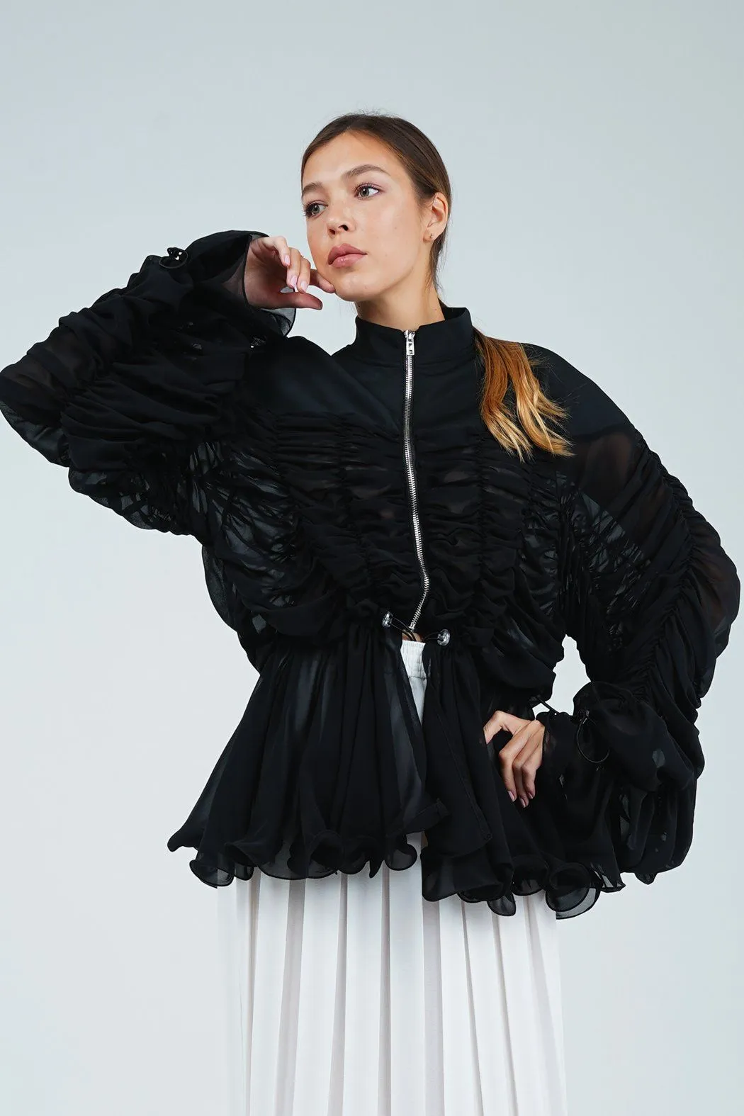 Ariana Font Zip Blouse With Sheer Sleeves