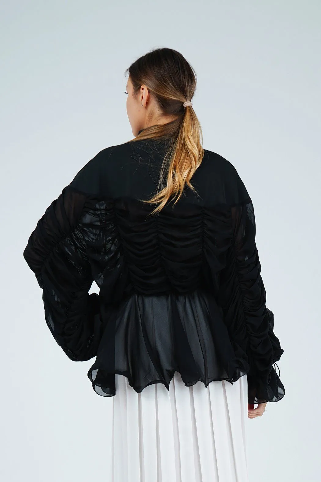 Ariana Font Zip Blouse With Sheer Sleeves