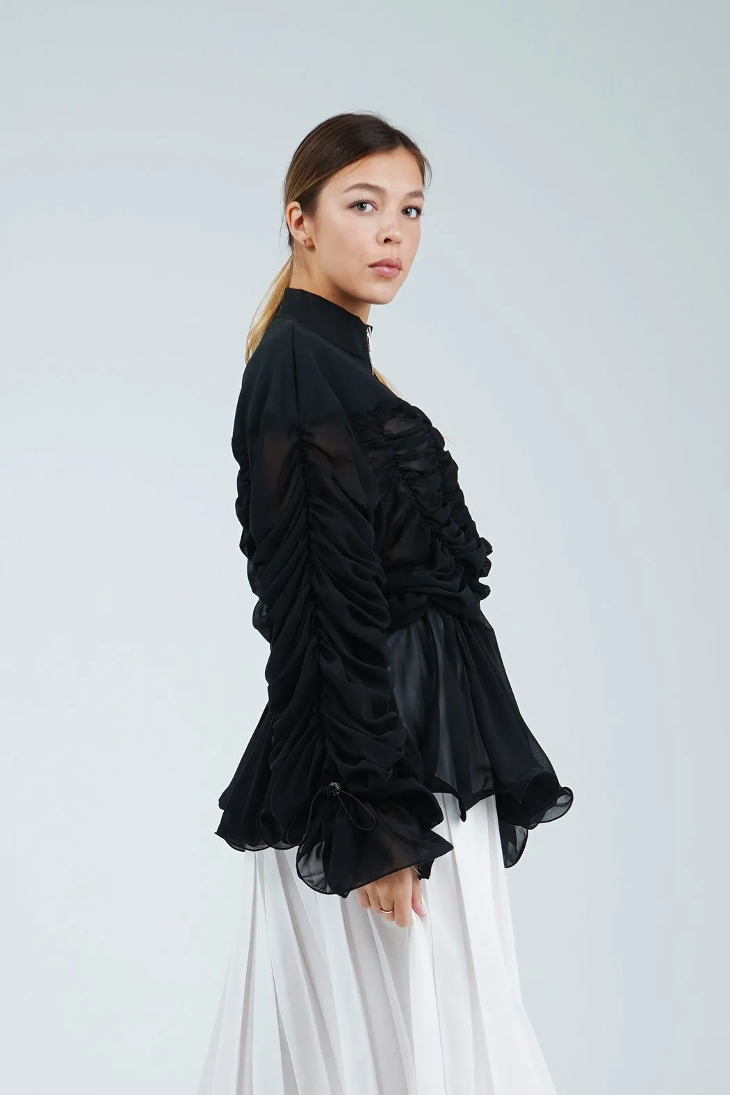 Ariana Font Zip Blouse With Sheer Sleeves