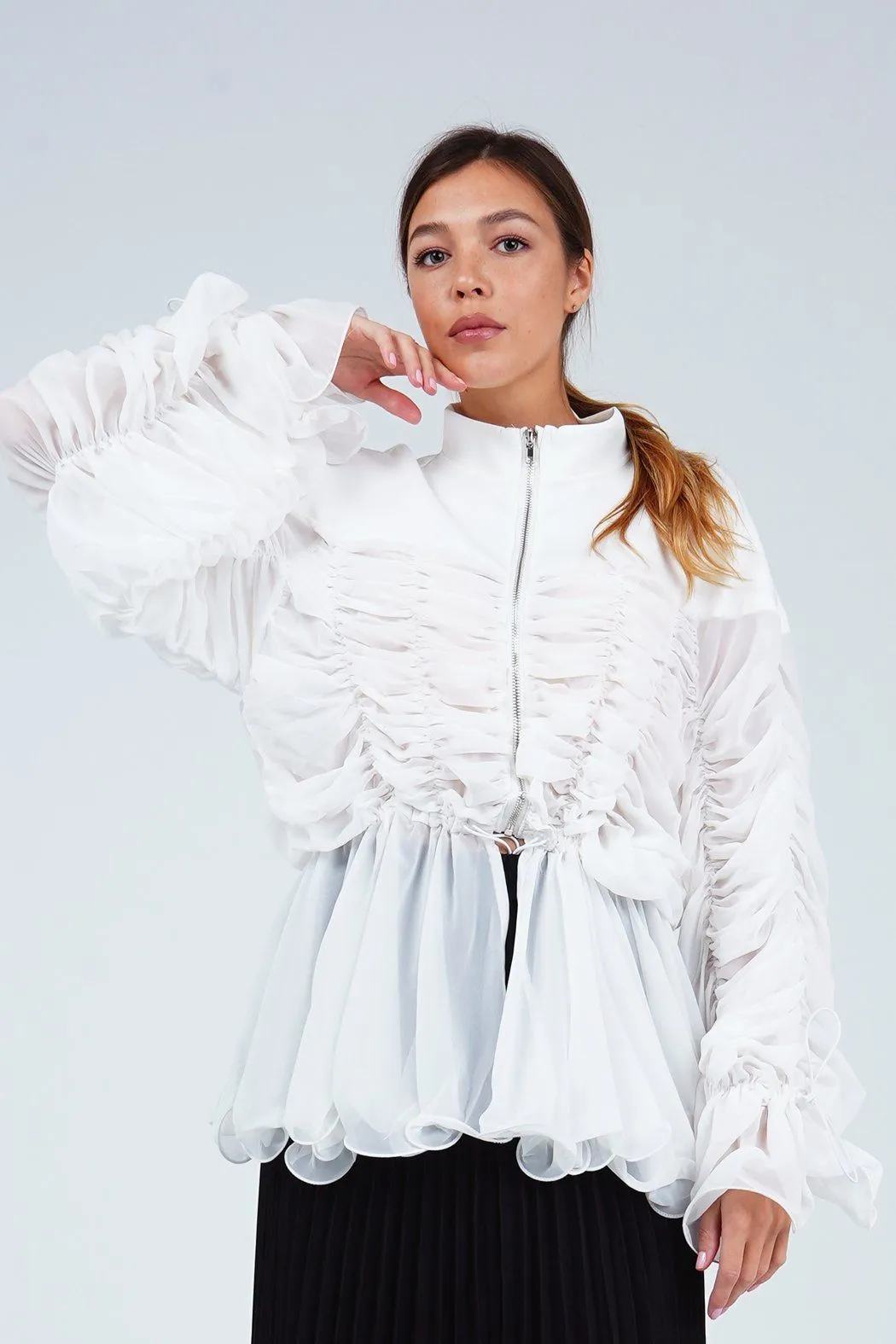 Ariana Font Zip Blouse With Sheer Sleeves