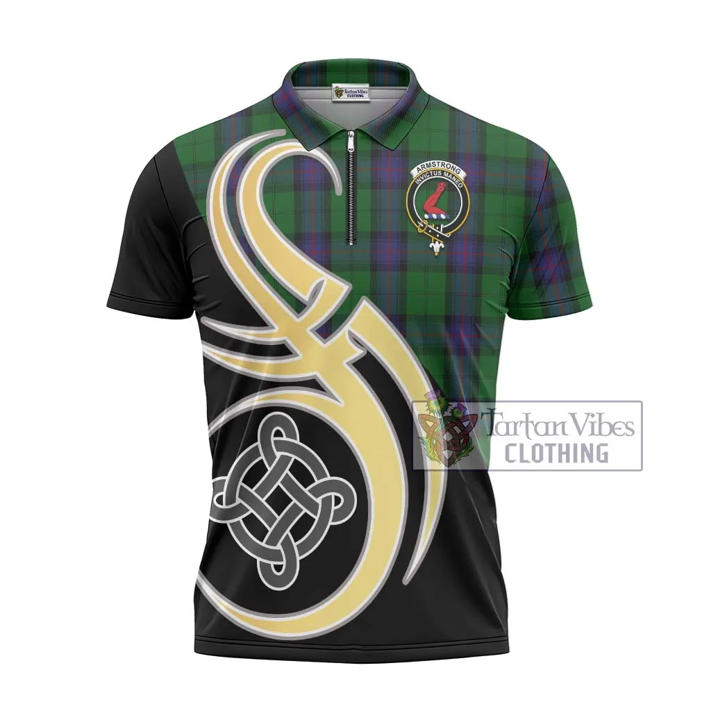 Armstrong Tartan Zipper Polo Shirt with Family Crest and Celtic Symbol Style