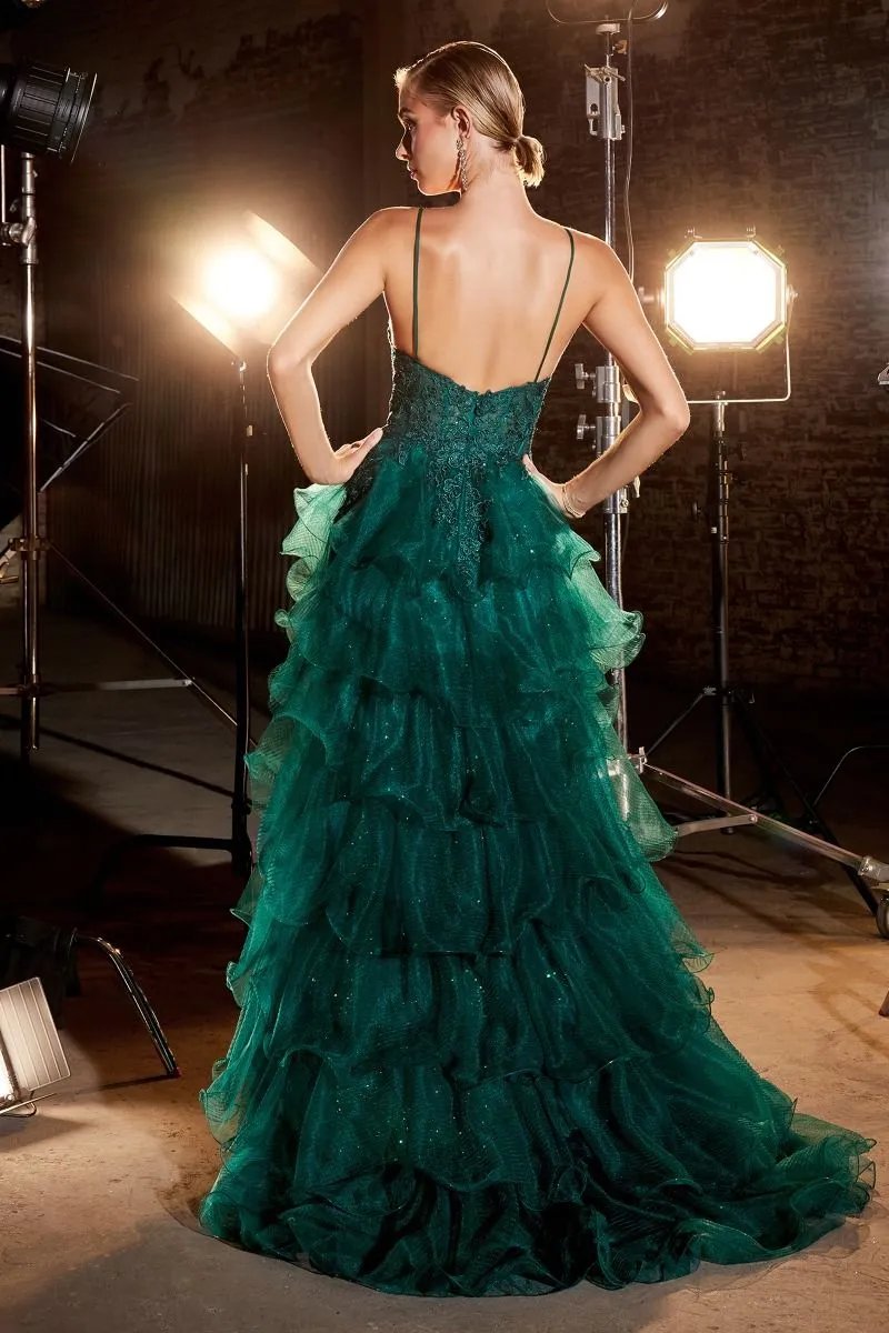 Bahama Prom Dress Lace Detail Tiered Gown 7402998TIE-Emerald LaDivine CC2998 Cinderella Divine CC2998 Andrea & Leo CC2998