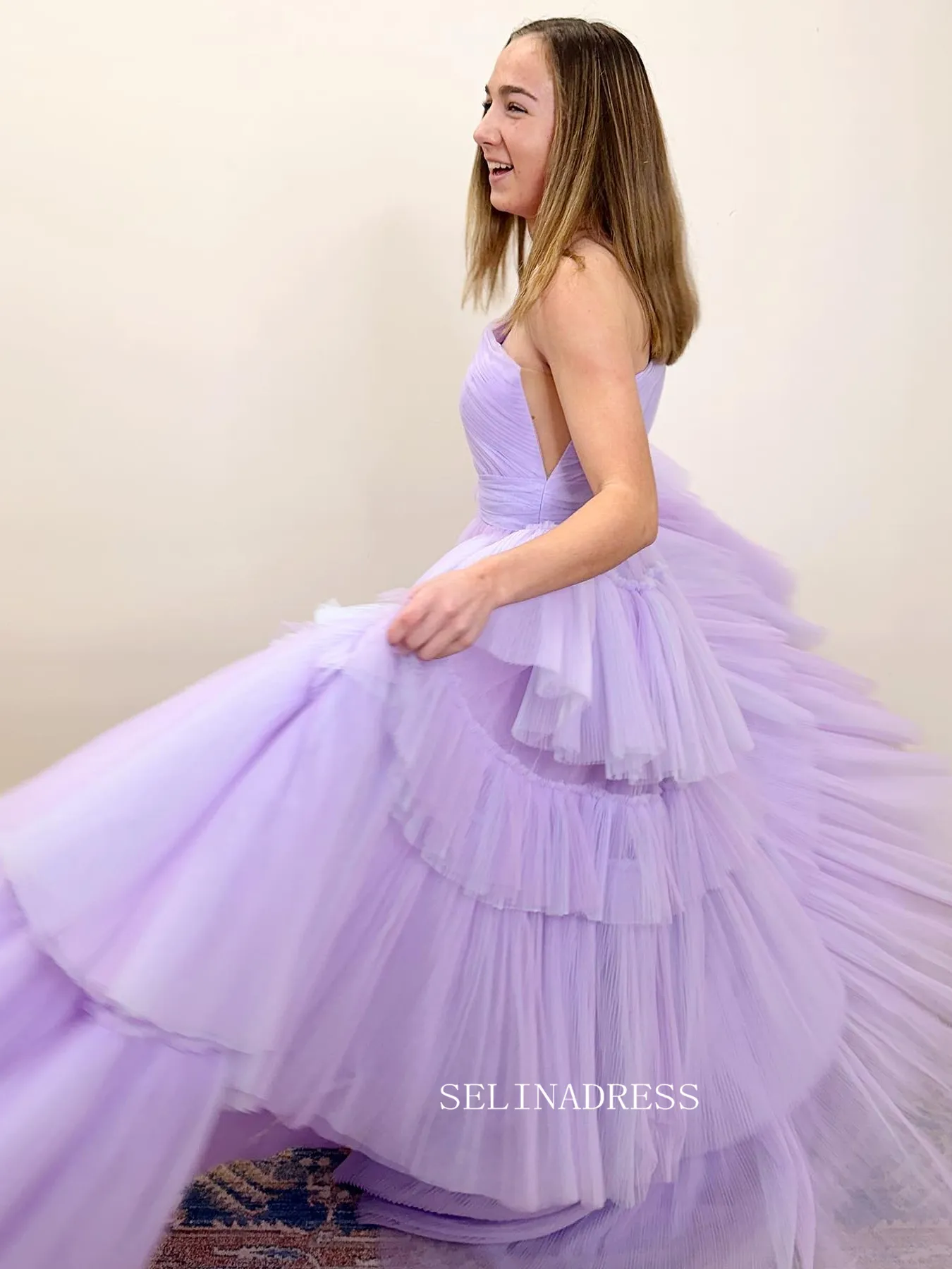 Ball Gown One Shoulder Lilac Tiered Tulle Long Prom Dress sew1070