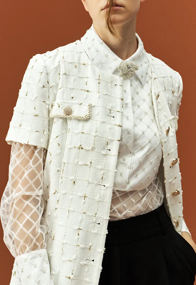 Bead-detailing Embroidery White Mesh Shirt