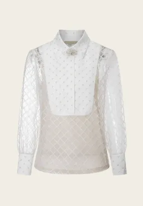 Bead-detailing Embroidery White Mesh Shirt