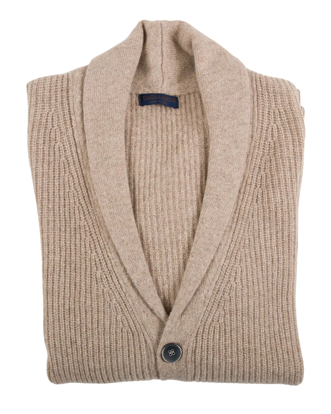 Beige Fisherman's Rib Wool Blend Shawl Collar Cardigan