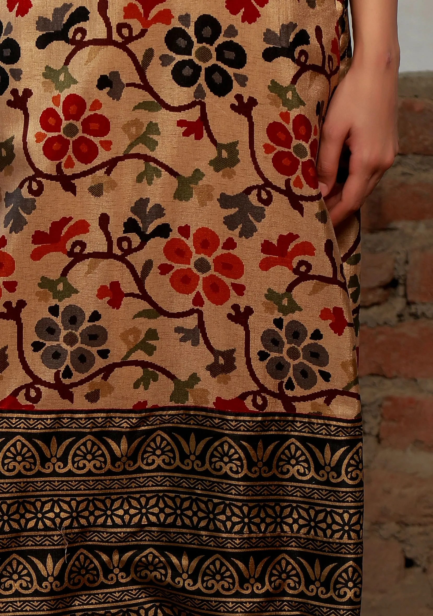 Beige Kalamkari Printed Cotton Silk Straight Kurta