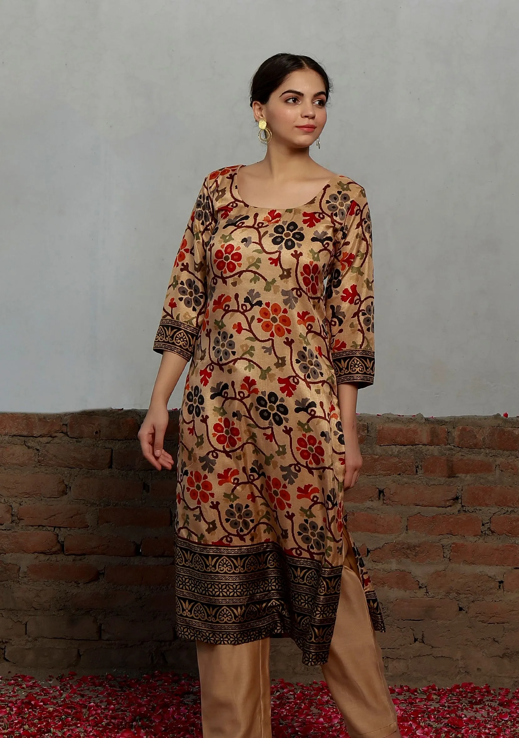 Beige Kalamkari Printed Cotton Silk Straight Kurta