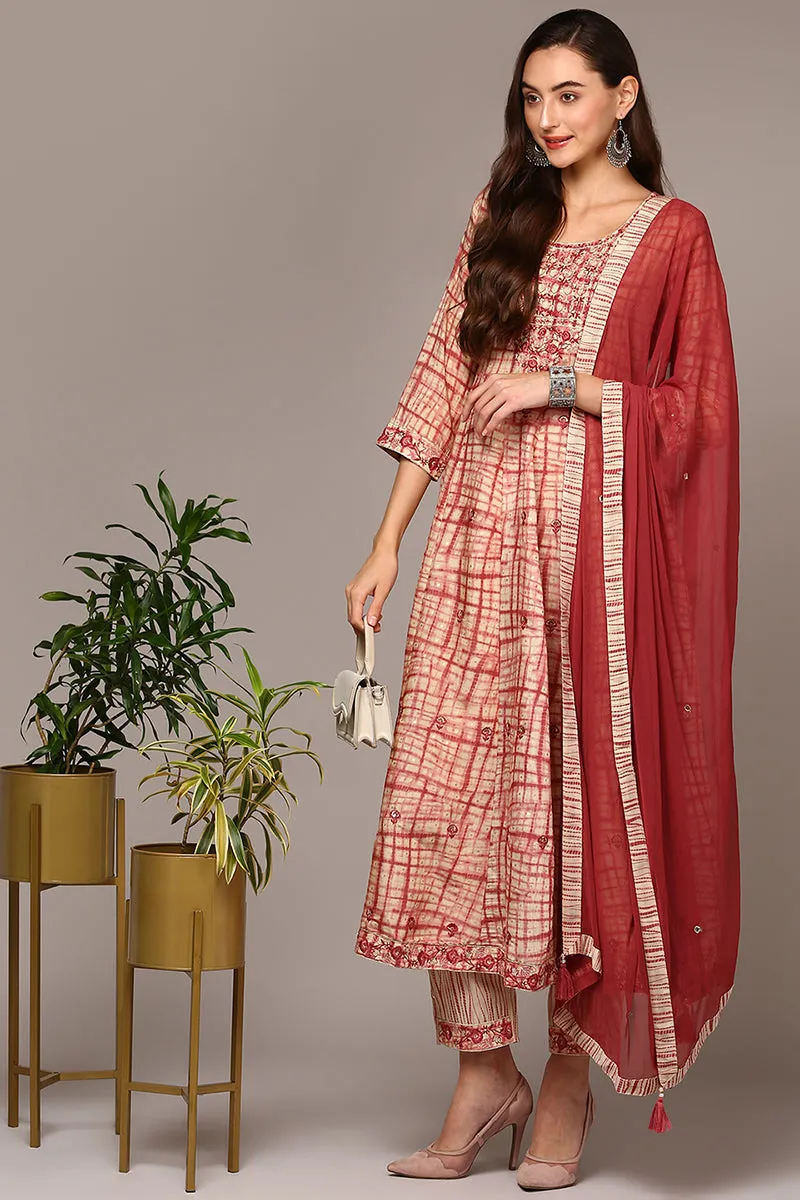 Beige Silk Blend Abstract Printed Flared Suit Set